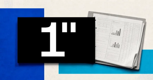 Official 1inch white 1-inch wordmark on a large black plaque beside a greyscale unbranded liquidity-position ledger over cobalt blue and aqua editorial panels.
