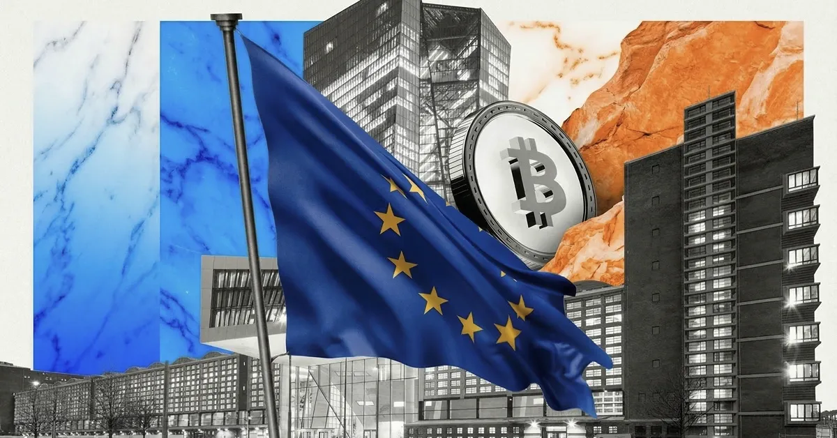 European Union flag with Bitcoin coin and city skyline, representing EU cryptocurrency regulation and digital asset policy in Europe.