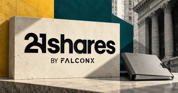 Large black official 21shares BY FALCONX corporate lockup on an ivory stone sign beside an unbranded greyscale securities folder and metal clip, against mustard yellow and teal panels with a financial district building behind.