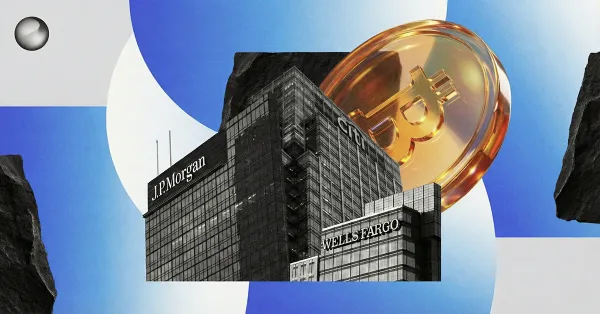 JPMorgan and Wells Fargo buildings with a large Bitcoin coin on a blue backdrop, illustrating major banks’ exposure to Bitcoin and crypto markets