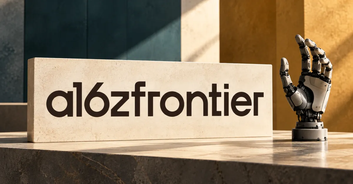One prominent official dark a16z frontier wordmark on an ivory stone sign beside a smaller unbranded greyscale robotics hand, against petrol and ochre architectural panels.