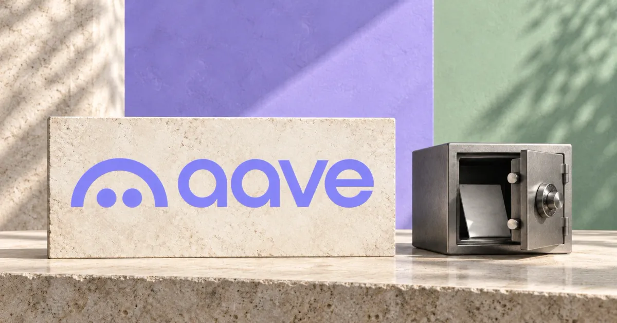Large official purple Aave ghost and lowercase aave wordmark on an off-white limestone counter sign beside a smaller unbranded greyscale steel vault with an open door and blank collateral document, against lavender and sage panels.