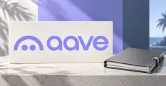 Large official purple Aave ghost and lowercase aave wordmark on an off-white stone sign beside an unbranded greyscale legal folio with blank papers and a metal clasp, against lavender and slate-blue panels.