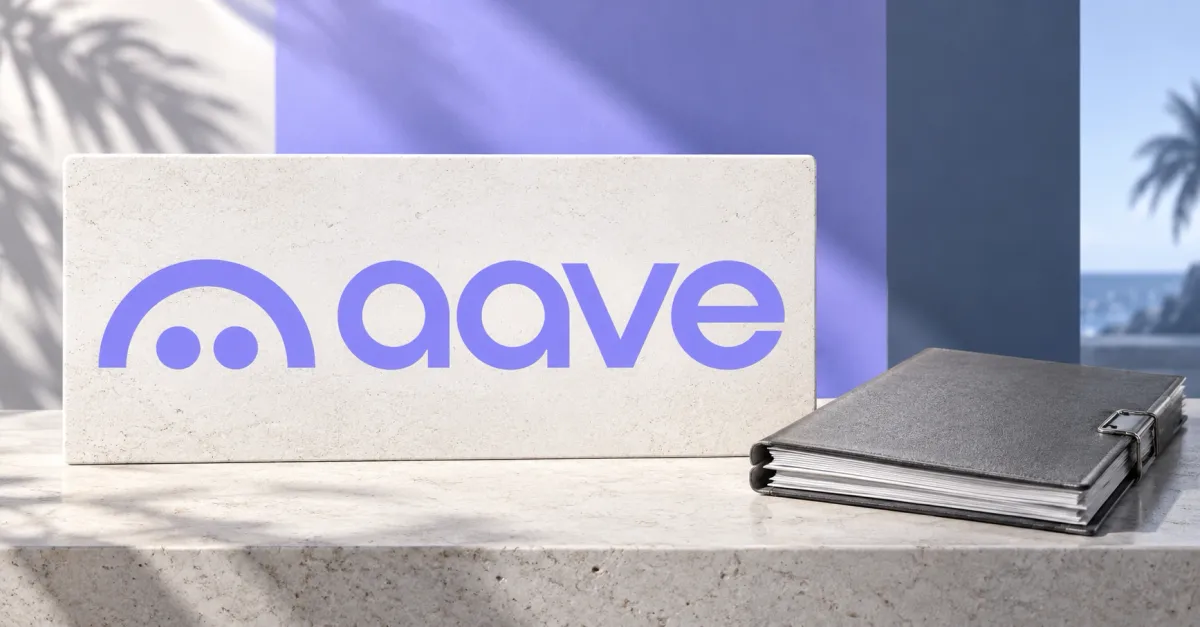 Large official purple Aave ghost and lowercase aave wordmark on an off-white stone sign beside an unbranded greyscale legal folio with blank papers and a metal clasp, against lavender and slate-blue panels.