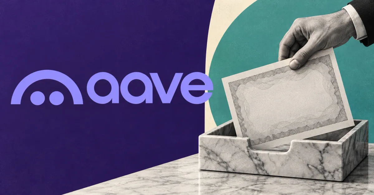 Large official purple Aave ghost and wordmark beside an unbranded greyscale share certificate being placed into a marble filing tray.