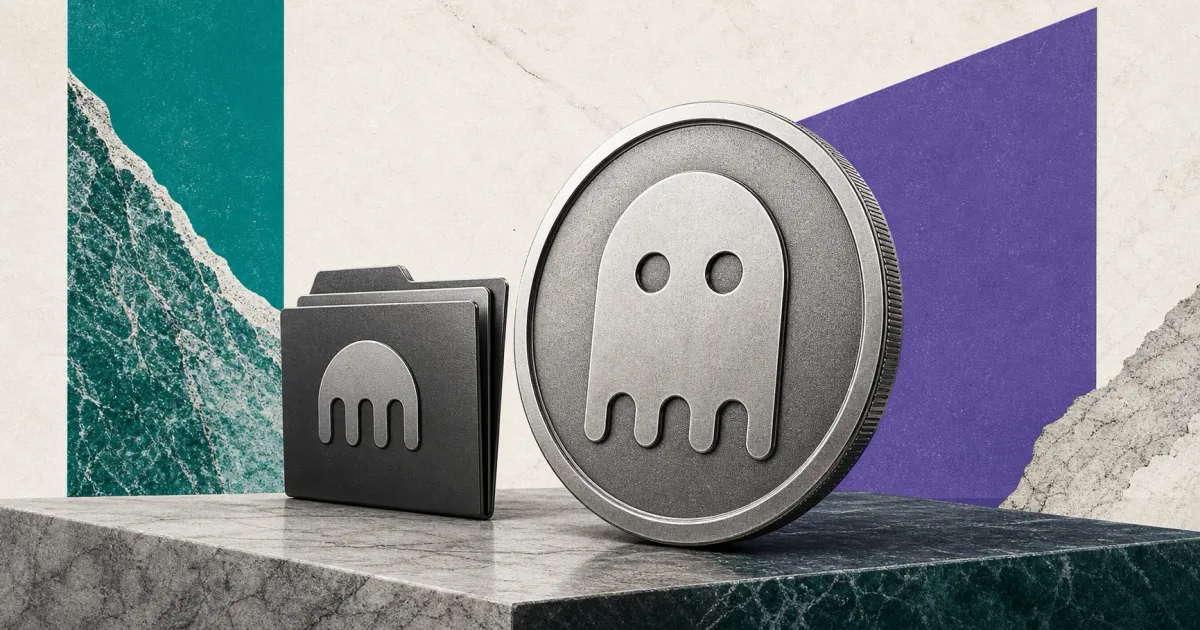 Greyscale Aave token medallion and Kraken exchange mark on teal and violet editorial panels, representing Payward talks over an Aave stake.
