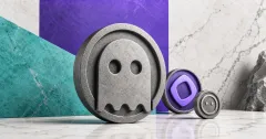 Greyscale Aave emblem with Monad and GHO token objects on teal, purple and marble editorial panels representing Aave's Monad market launch.