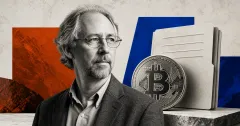 Greyscale Adam Back beside a Bitcoin coin and treasury documents on cobalt blue, orange and off-white editorial panels.