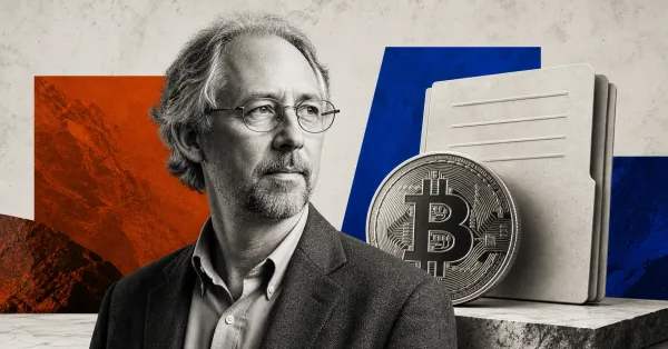Greyscale Adam Back beside a Bitcoin coin and treasury documents on cobalt blue, orange and off-white editorial panels.