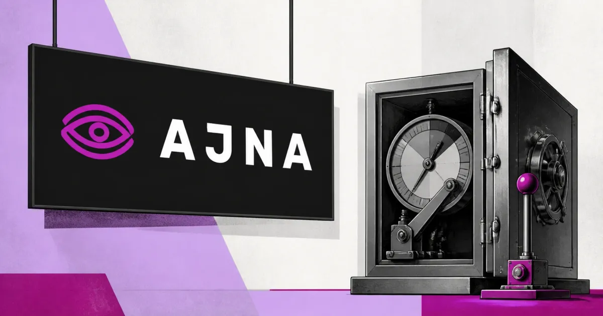 Large official AJNA eye-and-wordmark logo on a black sign beside a greyscale unbranded open lending vault with a liquidation gauge and emergency lever on lavender and fuchsia editorial panels.