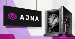 Large official AJNA eye-and-wordmark logo on a black sign beside a greyscale unbranded open lending vault with a liquidation gauge and emergency lever on lavender and fuchsia editorial panels.