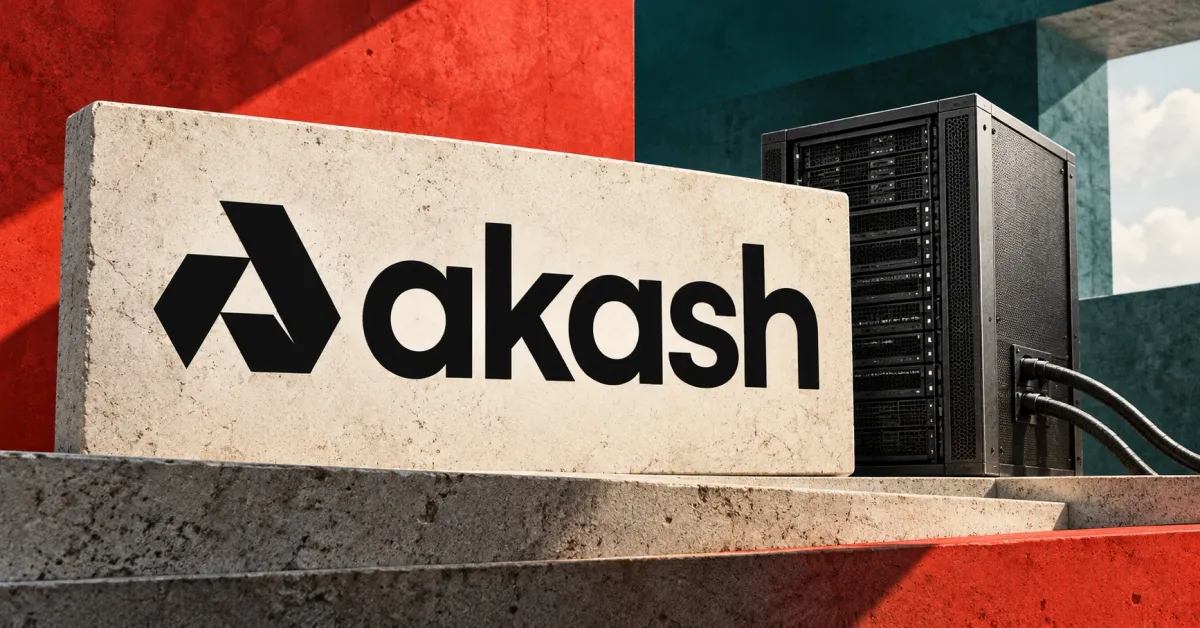 Large official black Akash emblem and lowercase akash wordmark on an ivory stone sign beside a smaller unbranded greyscale server tower and cables, against vermilion and petrol panels.