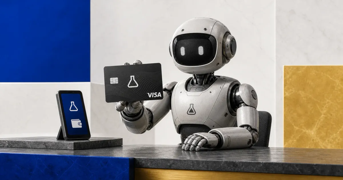Greyscale AI agent holding an Alchemy-branded Visa payment card beside a crypto wallet device on cobalt and gold editorial panels.