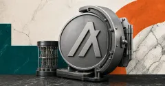 Greyscale Algorand token secured inside a quantum-resistant cryptographic vault on teal and orange editorial panels.