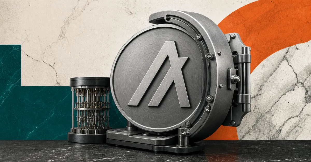 Greyscale Algorand token secured inside a quantum-resistant cryptographic vault on teal and orange editorial panels.