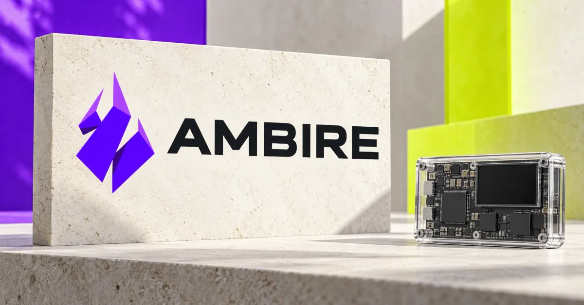 Large official purple Ambire unicorn emblem and black AMBIRE wordmark on an ivory sign beside an unbranded greyscale circuit board in a transparent case, against purple and lime panels.