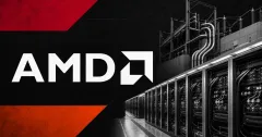 Large official white AMD wordmark on a dark editorial panel beside greyscale unbranded AI data-center server racks and power infrastructure.