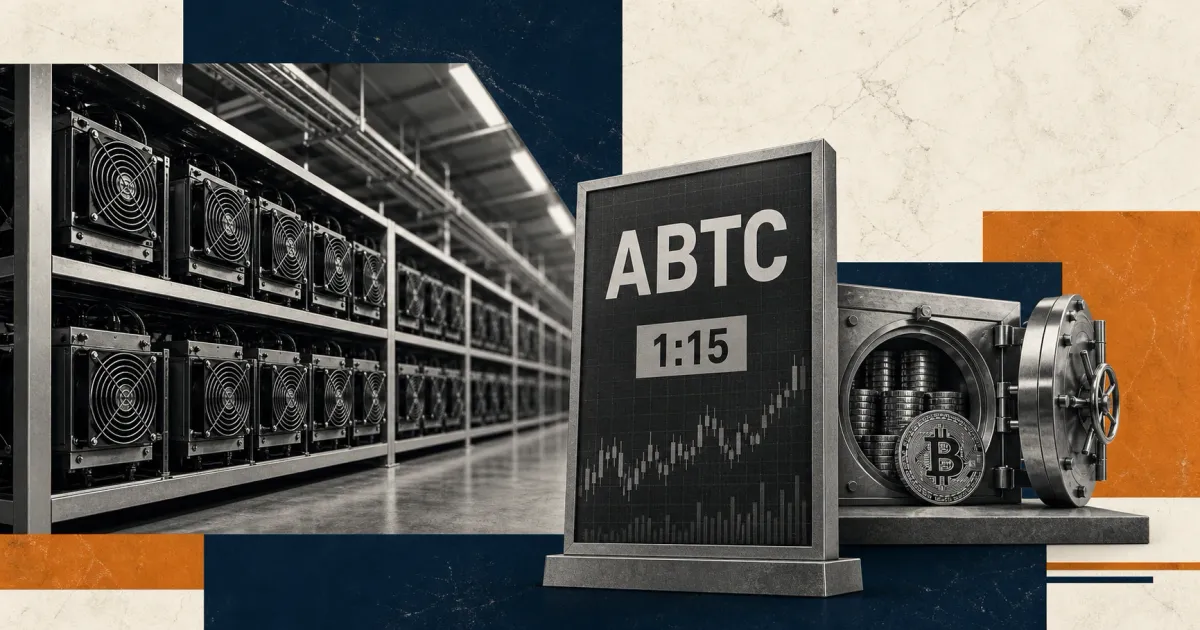 Greyscale American Bitcoin mining machines with an ABTC 1:15 market board and Bitcoin treasury vault on navy, copper and off-white editorial panels.