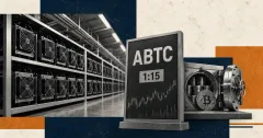 Greyscale American Bitcoin mining machines with an ABTC 1:15 market board and Bitcoin treasury vault on navy, copper and off-white editorial panels.