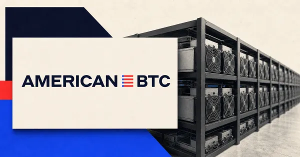 Official American Bitcoin wordmark on a large off-white plaque beside an unbranded greyscale ASIC mining rack, with navy, blue and red editorial panels.