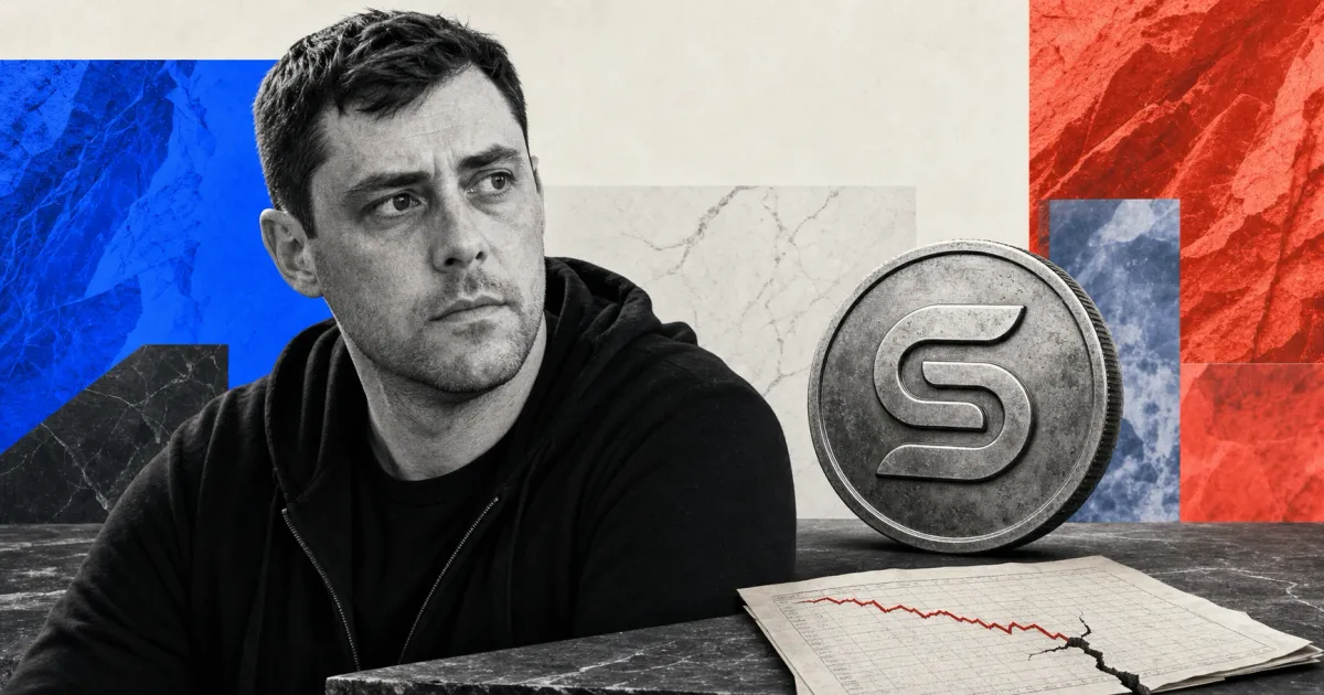 Greyscale Andre Cronje beside a metallic Sonic S token and falling market ledger on blue and coral editorial panels.
