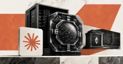Greyscale AI server rack, Claude logo mark, frontier model core and Ethereum smart-contract vault on warm terracotta, charcoal and off-white editorial panels.