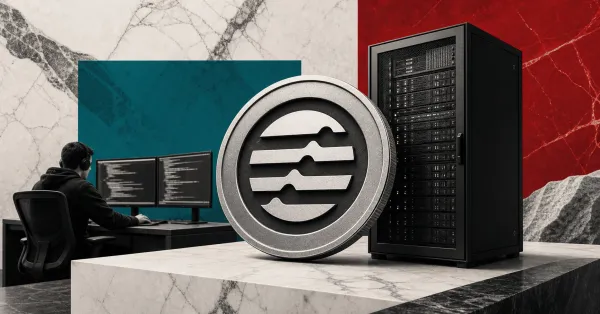 Greyscale Aptos blockchain emblem beside a server rack and security researcher workstation on teal and red editorial news panels.
