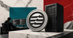 Greyscale Aptos blockchain emblem beside a server rack and security researcher workstation on teal and red editorial news panels.
