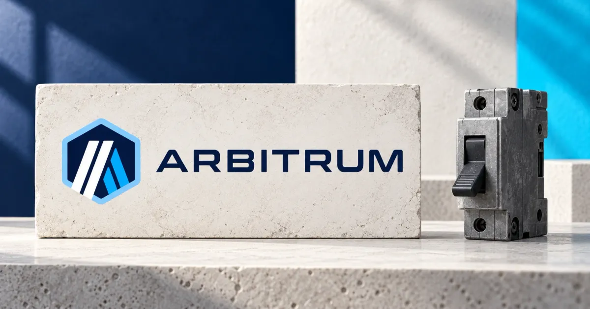 One large official full-color Arbitrum horizontal logo on an off-white stone sign beside an unbranded greyscale circuit breaker, against navy and teal panels.