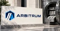 Large official blue, white and navy Arbitrum hexagonal logo and ARBITRUM wordmark on an off-white stone sign beside an unbranded greyscale bank reserve vault with an open drawer of plain currency bundles.