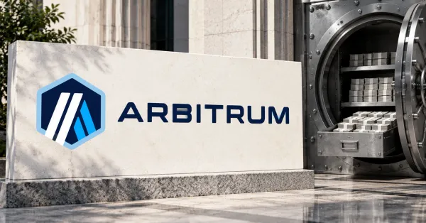 Large official blue, white and navy Arbitrum hexagonal logo and ARBITRUM wordmark on an off-white stone sign beside an unbranded greyscale bank reserve vault with an open drawer of plain currency bundles.