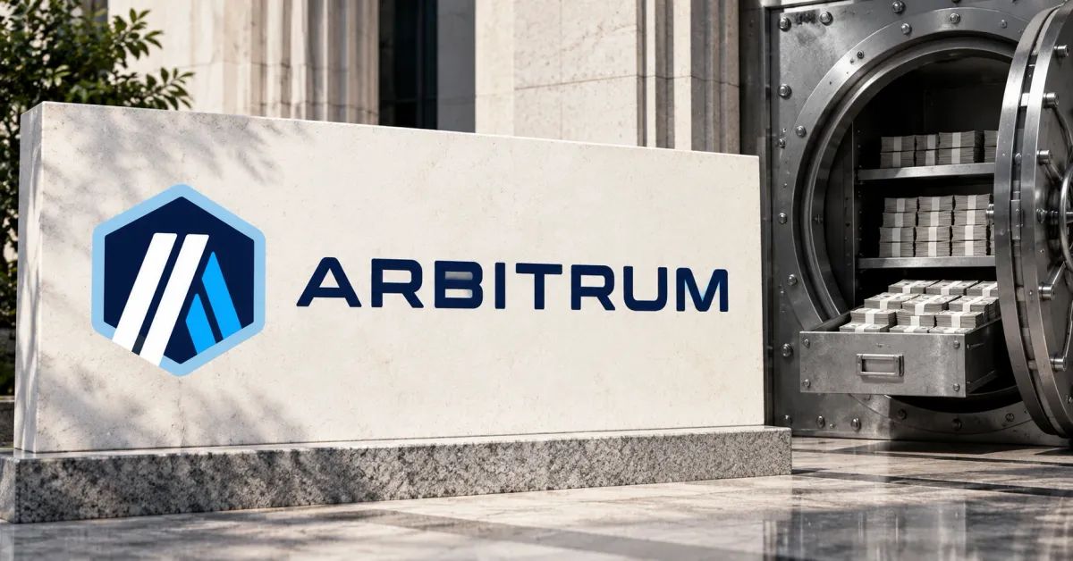 Large official blue, white and navy Arbitrum hexagonal logo and ARBITRUM wordmark on an off-white stone sign beside an unbranded greyscale bank reserve vault with an open drawer of plain currency bundles.