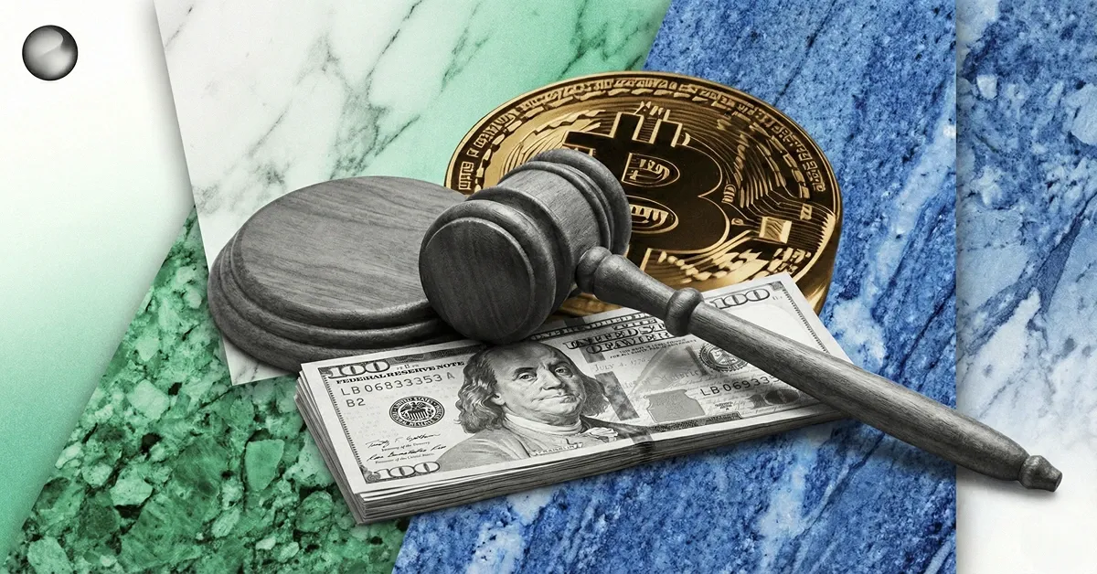Judge’s gavel resting on U.S. dollar bills with a Bitcoin coin behind it, illustrating legal action and court rulings affecting crypto markets
