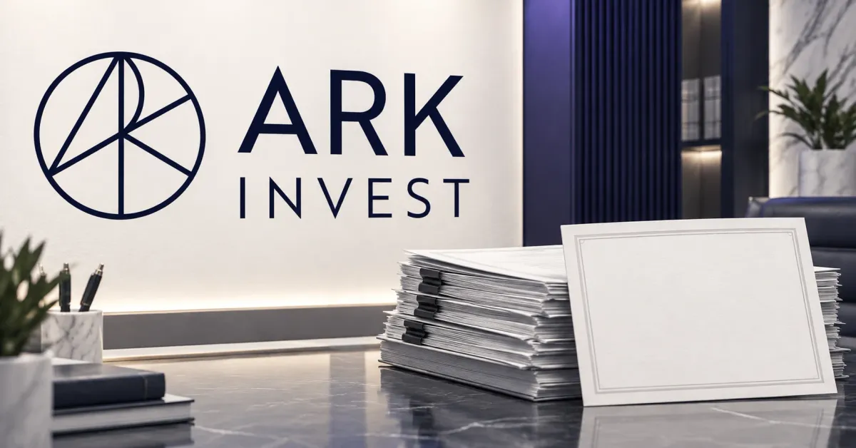 Large official navy ARK Invest logo on a light wall beside a greyscale stack of unbranded venture fund documents and a blank share certificate.
