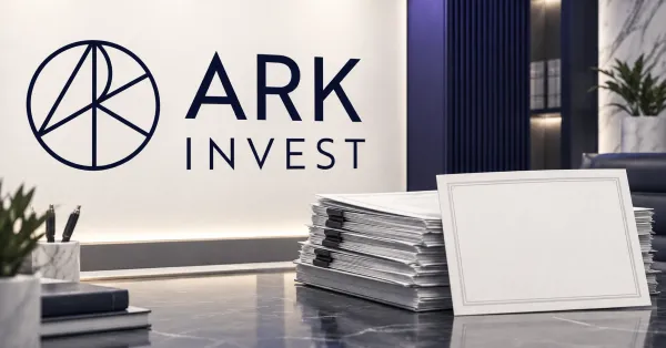 Large official navy ARK Invest logo on a light wall beside a greyscale stack of unbranded venture fund documents and a blank share certificate.