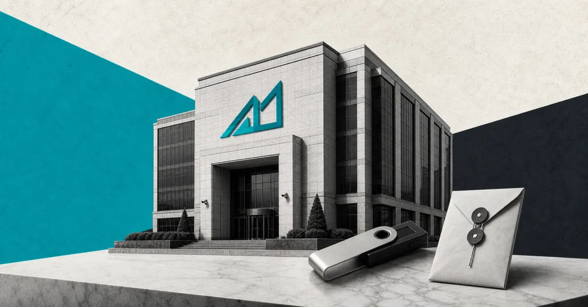 Greyscale crypto exchange building with a hardware wallet and sealed withdrawal envelope on teal, charcoal and off-white editorial news panels.
