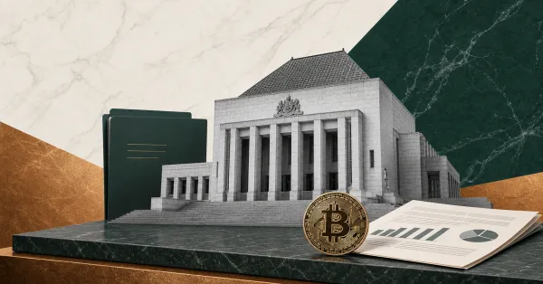 Greyscale Australian courthouse, Bitcoin coin and regulatory papers on green and copper editorial panels for the ASIC Block Earner High Court crypto yield ruling