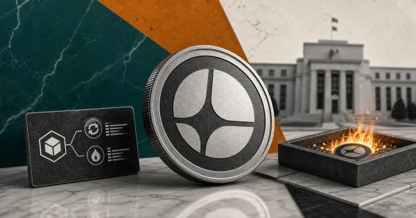 Greyscale ASTER token with an on-chain buyback ledger, token burn tray, and Federal Reserve building on teal and amber editorial panels.