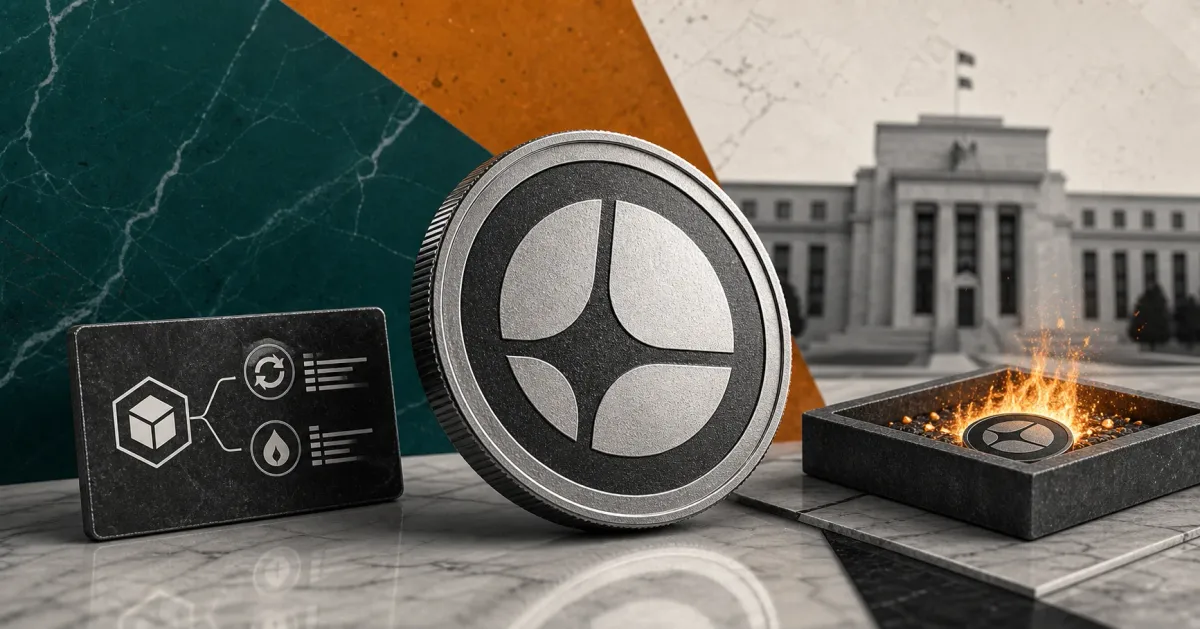 Greyscale ASTER token with an on-chain buyback ledger, token burn tray, and Federal Reserve building on teal and amber editorial panels.