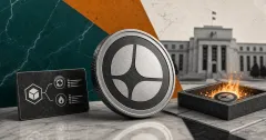 Greyscale ASTER token with an on-chain buyback ledger, token burn tray, and Federal Reserve building on teal and amber editorial panels.