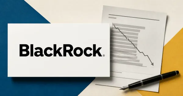 Large official BlackRock wordmark on a white plaque beside a greyscale unbranded institutional holdings document with a descending line and fountain pen across blue and ochre editorial panels.