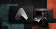 Large official Avici silver folded-peak logo on a dark plaque beside a greyscale unbranded crypto payment card and a secure card-balance vault on teal and coral editorial panels.