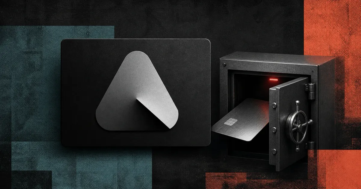 Large official Avici silver folded-peak logo on a dark plaque beside a greyscale unbranded crypto payment card and a secure card-balance vault on teal and coral editorial panels.