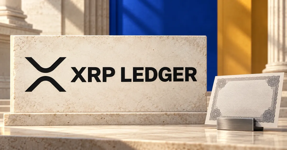 Large official black XRP Ledger symbol and XRP LEDGER wordmark on an ivory stone sign beside a smaller unbranded greyscale fund certificate in a steel clip, against cobalt and ochre architectural panels.