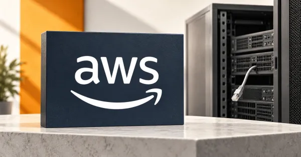 Large official white AWS wordmark and smile arrow on a navy stone sign beside an unbranded greyscale server cabinet with a disconnected network cable, on an off-white desk with an orange background panel.