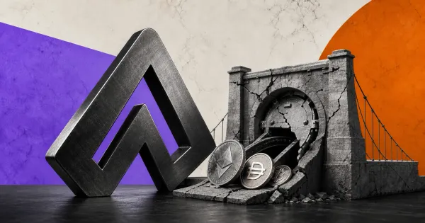 Greyscale Aztec emblem beside a cracked legacy bridge vault spilling Ethereum, DAI and Bitcoin tokens across violet and orange editorial panels.