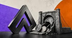 Greyscale Aztec emblem beside a cracked legacy bridge vault spilling Ethereum, DAI and Bitcoin tokens across violet and orange editorial panels.