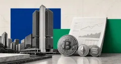 Greyscale Sao Paulo financial-exchange tower beside Bitcoin, Ether and Solana coins and a futures-options contract sheet on cobalt, emerald and off-white editorial panels.