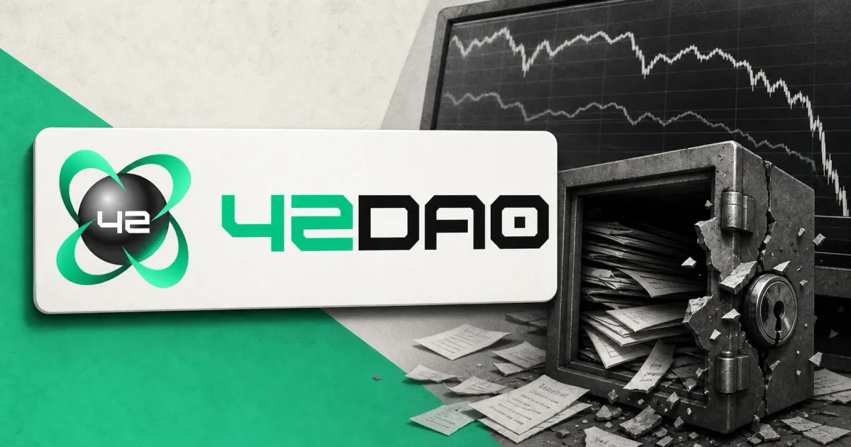 Official green and white 42DAO wordmark on a white plaque beside a greyscale collapsed vault, scattered records and a falling oracle-price terminal