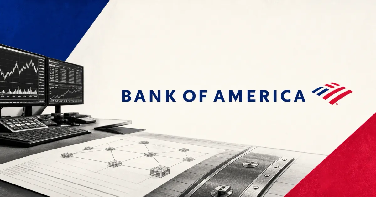 Large official Bank of America logo above a grayscale institutional trading desk, tokenized-settlement diagram and secure ledger surface on blue, red and off-white editorial panels.
